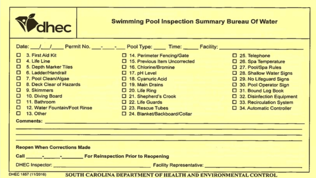 South Carolina Department of Health and Environmental Control's (DHEC) public pool inspection form.