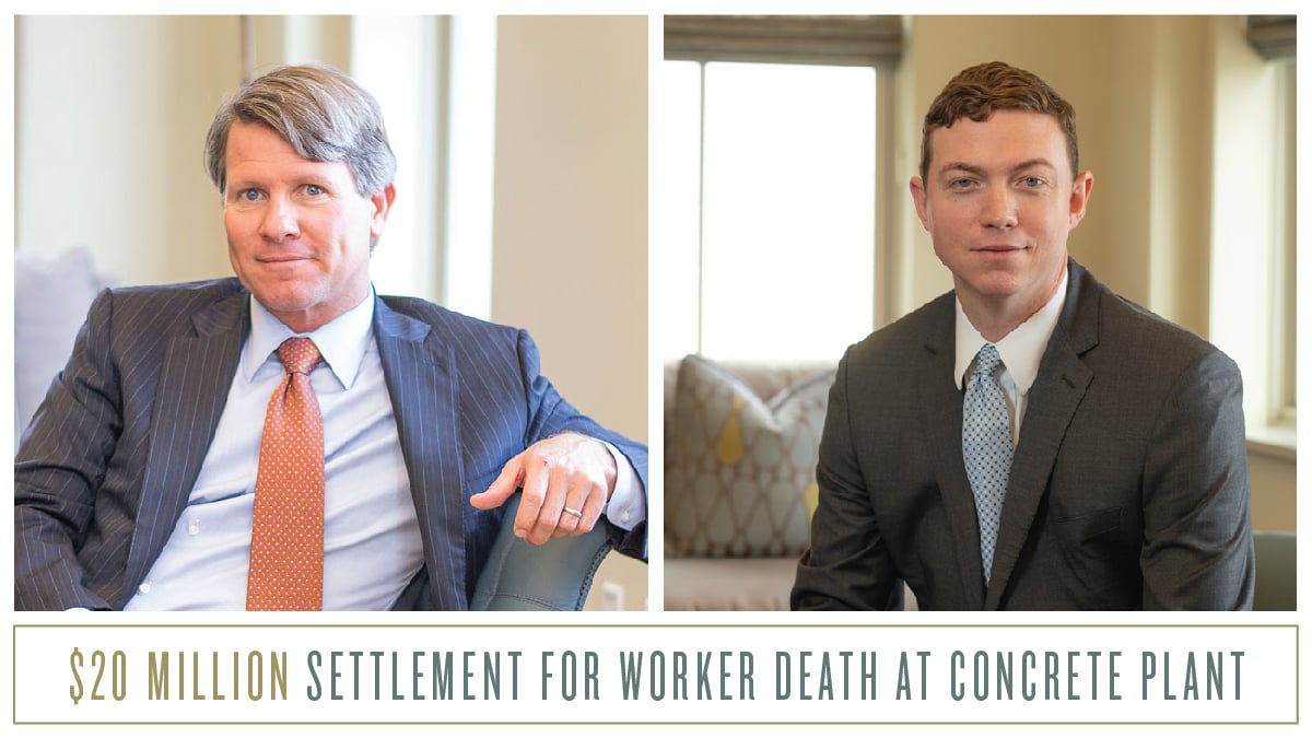 Attorneys David Yarborough (on left) and Perry Buckner (on right), who recently secured a $10 million settlement for the estate of a worker killed at Holcim concrete plant in Holly Hill, South Carolina