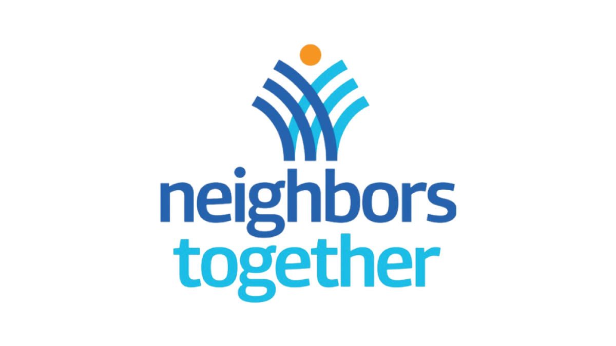 Neighbors Together logo includes two sets of three blue lines arching outward, crossing over one another, with an orange sun above them